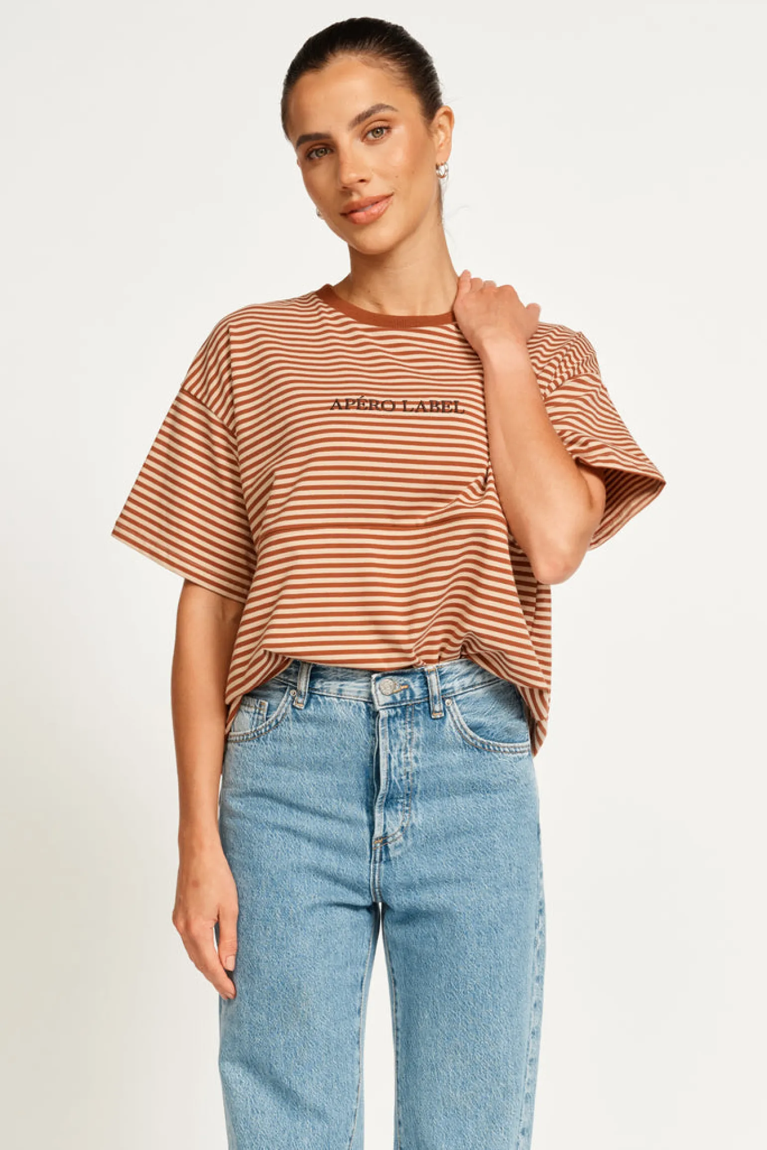 apero_vintage_drop_should_4.webp Apero Vintage Drop Shoulder Cropped Tee - Brown/Tan Stripe