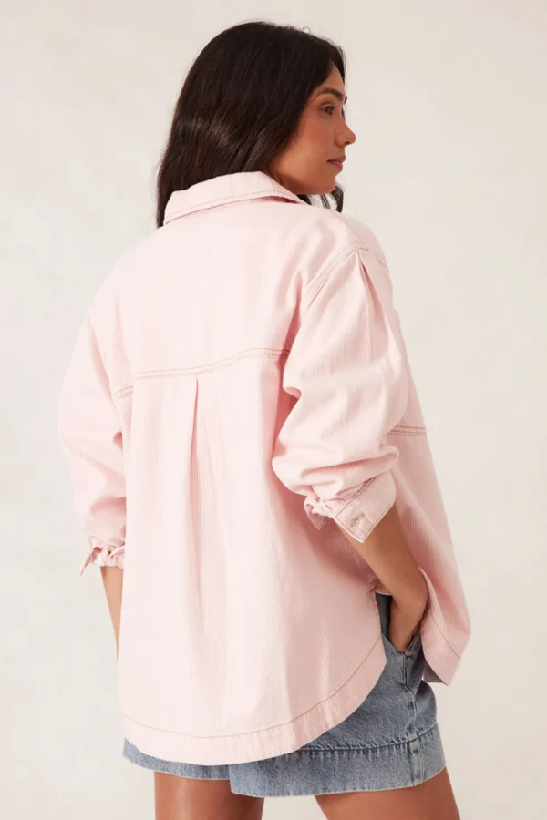Ceres Life Curved Hem Shacket - Washed Coral Stripe