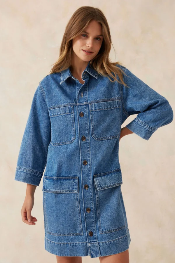 Ceres Life Half Sleeve Boxy Shirt Dress - Fresh Indigo Denim