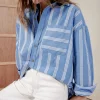 Ceres Life Oversized Organic Cotton Poplin Shirt - Blue White Triple Stripe