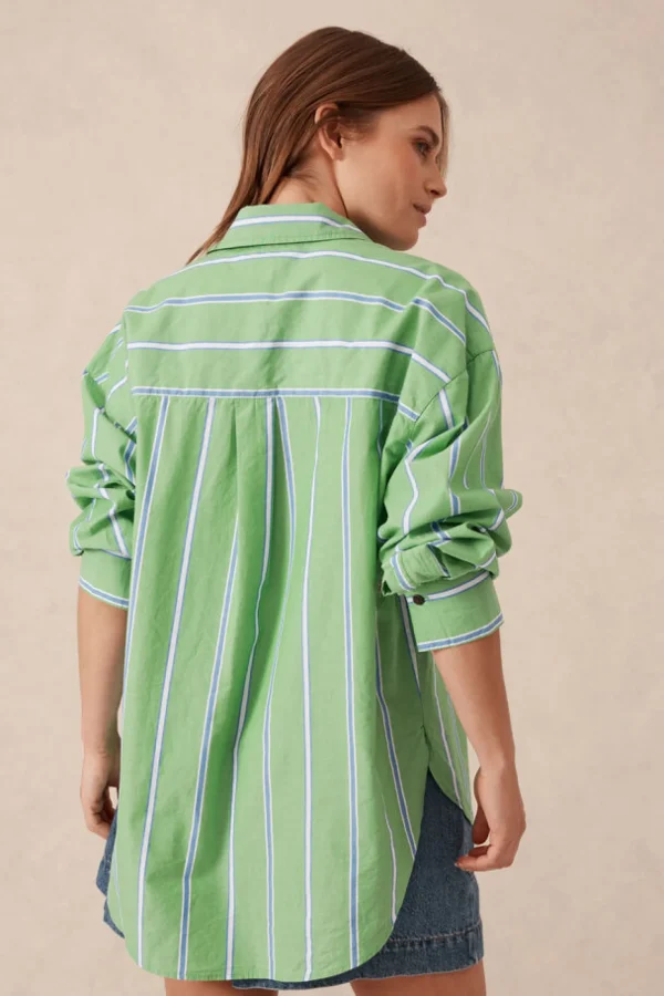 Ceres Life Oversized Organic Cotton Poplin Shirt - Grass Green Oxford Blue Stripe
