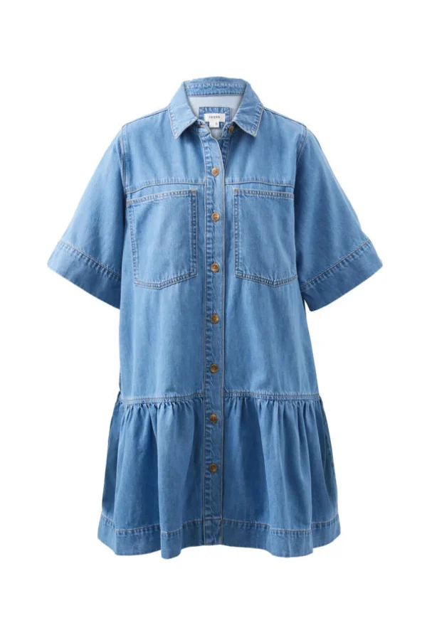 Ceres Life Short Sleeve Tiered Pocket Shirt Dress  - Vintage Blue
