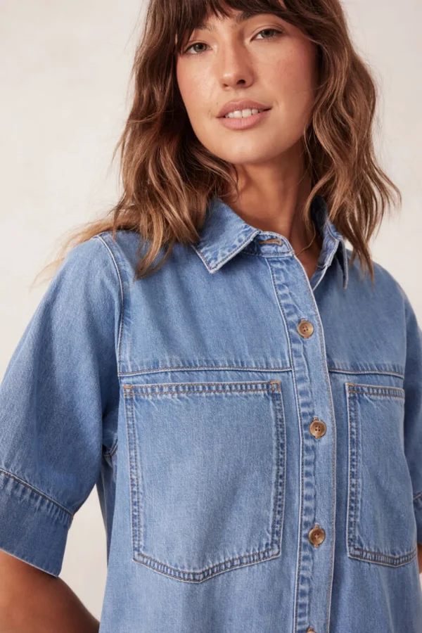 Ceres Life Short Sleeve Tiered Pocket Shirt Dress  - Vintage Blue