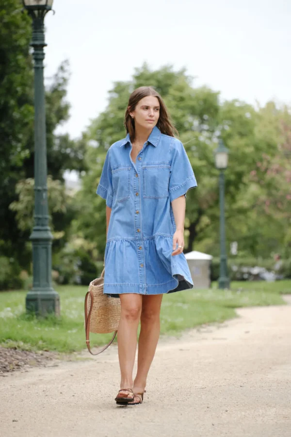 Ceres Life Short Sleeve Tiered Pocket Shirt Dress  - Vintage Blue