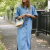 Ceres Life Short Sleeve Yoke Detail Midi Dress - Vintage Blue