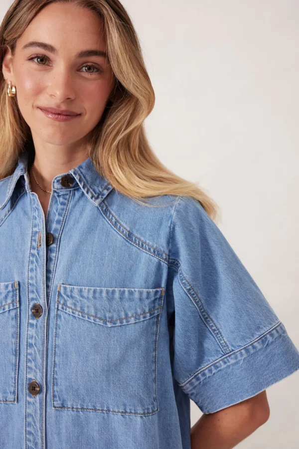 Ceres Life Short Sleeve Yoke Detail Midi Dress - Vintage Blue