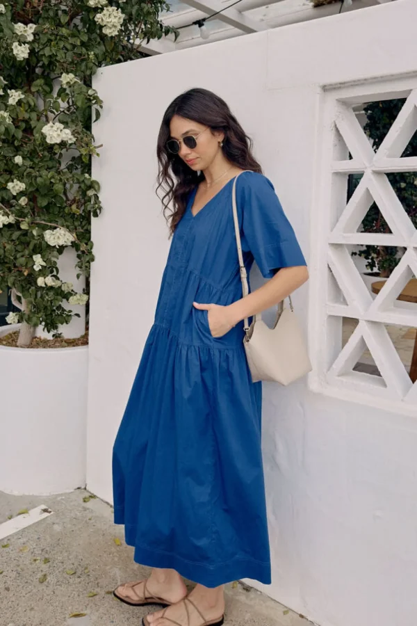 Ceres Life Tiered Poplin Midi Dress - Fresh Cobalt