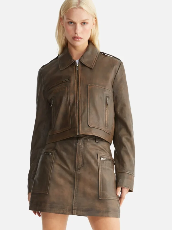 Ena Pelly Lennie Leather Biker Jacket - Worn Brown