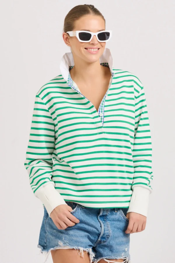 Est 1971 Rugby Frill Collar Cotton Sweatshirt - Green Stripe