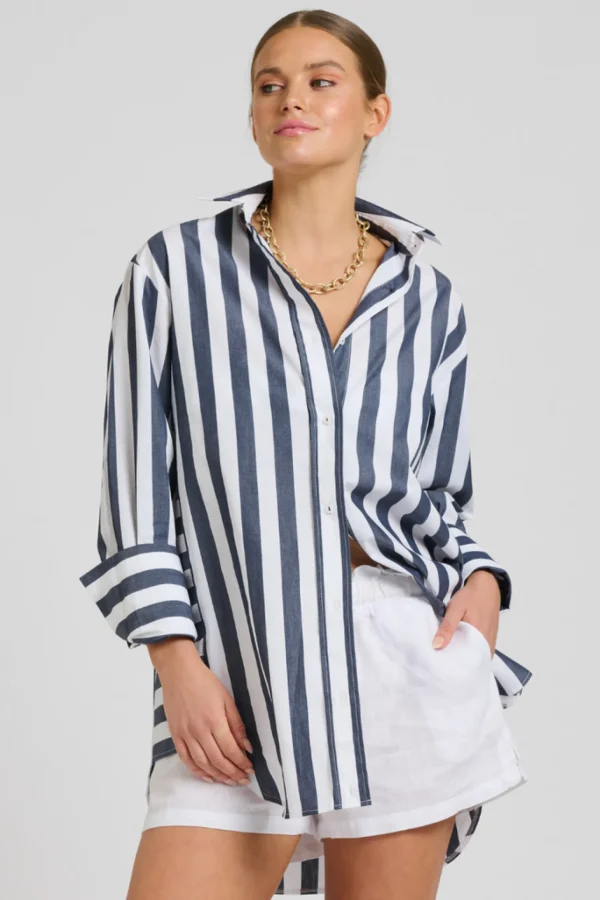 Shirty Andrea Oversized Boyfriend Shirt- Navy Stripe