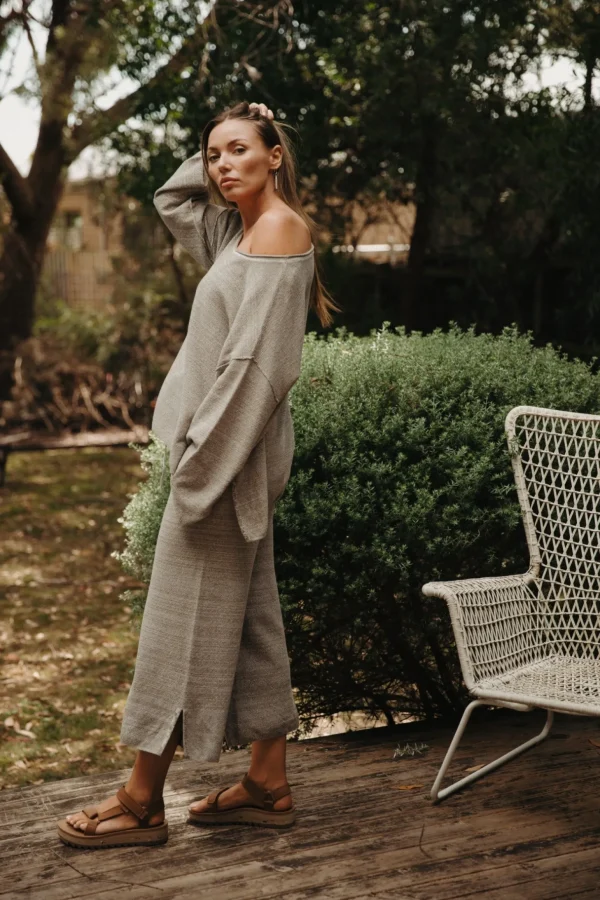 Talamaya Retreat Cotton Twist Pant - Dusty Olive & White